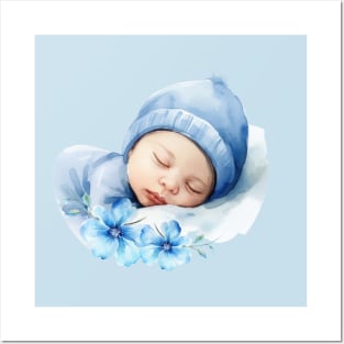 Newborn Baby Boy With  Flowers. Posters and Art